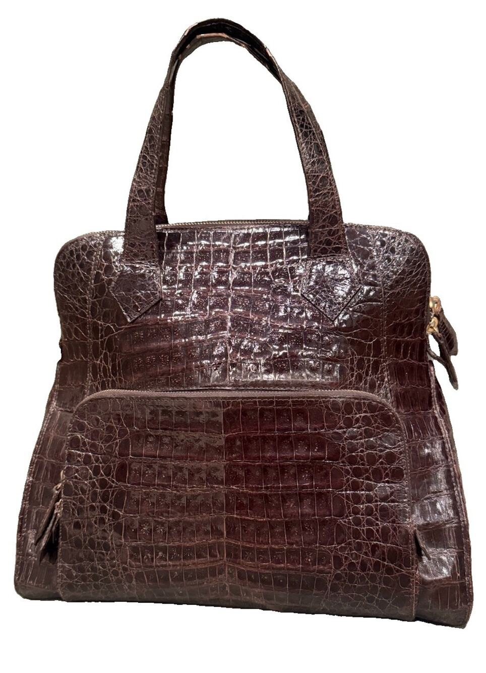 Nancy Gonzalez Dark Brown Crocodile Large Zipper Tote Bag Lavendar Suede LIning